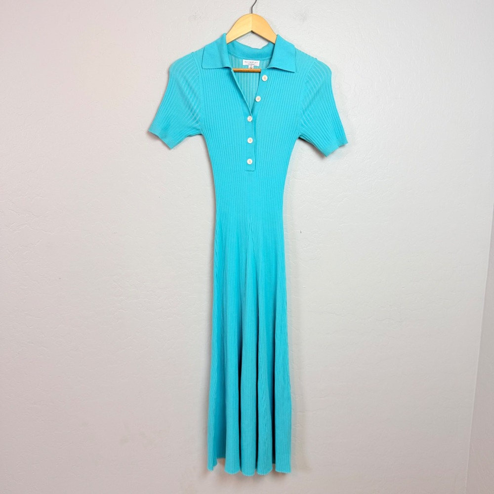 Current Air Turquoise Ribbed Knit Polo Maxi Dress Short Sleeve Blue XS 2190194